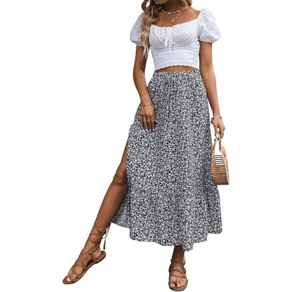 Women's Casual High Waist Floral Print Skirt Split Thigh A Line Maxi Skirts